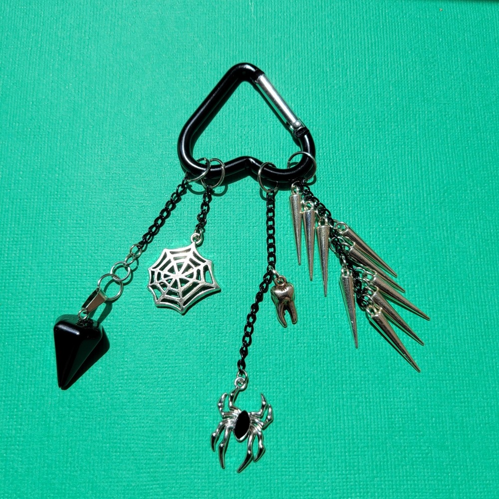 Handmade upcycled repurposed spooky keychain spider spiderweb spikes goth metal
